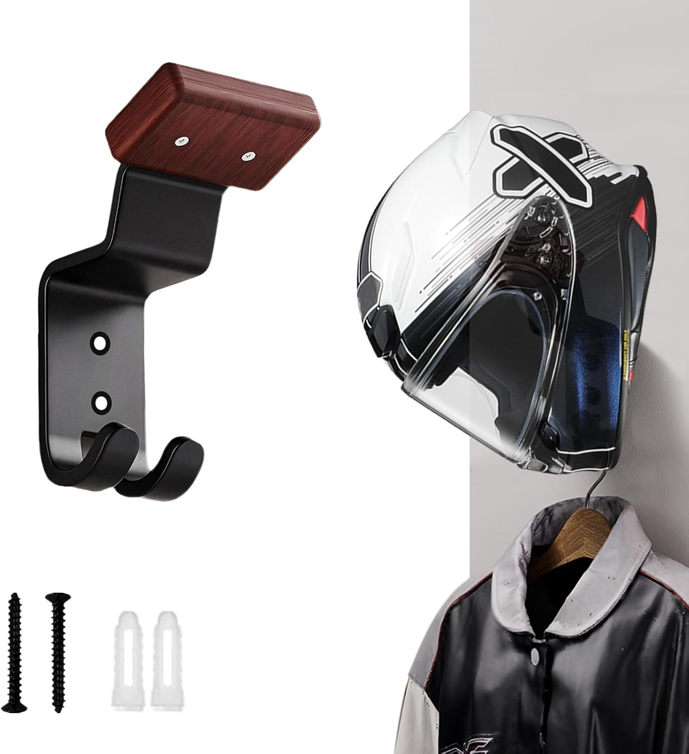 Cycling Gear Wall Organizer - オートバイヘルメットホルダー壁掛け、頑丈なヘルメットハンガーラック、バイク、サッカー、スキー用品、ジャケット用のキーフック付き
