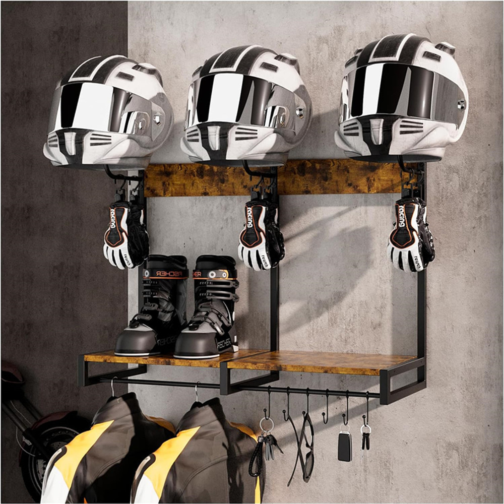 オートバイヘルメットホルダー、壁掛けラック、4つのグローブチ - Cycling Gear Wall Organizer のレビューと価格